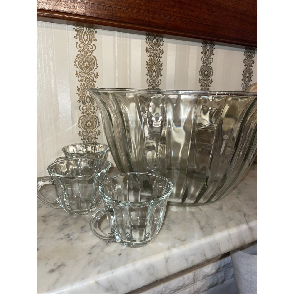 Large Fluted Clear Glass Punch Bowl - Toscany‎ Celebration 1980s Art Deco w Cups